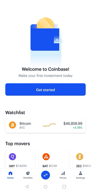 Coinbase mobile app interface for trading