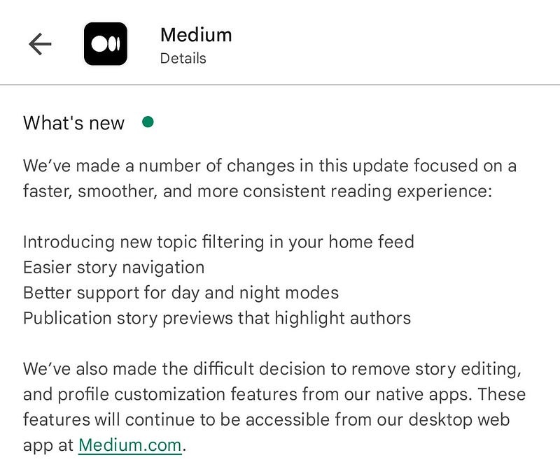 Screenshot of Medium app update notification