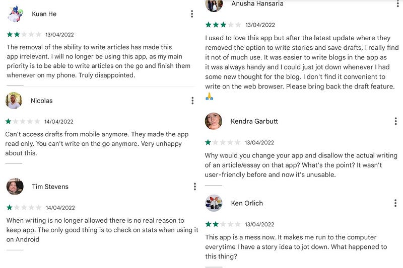 Recent reviews of the Medium app on Google Play