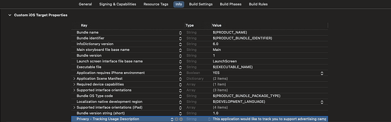 Xcode settings for NSUserTrackingUsageDescription