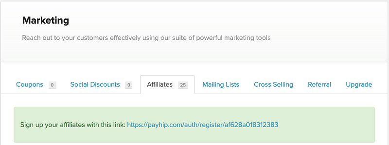 Screenshot of Payhip affiliate link section