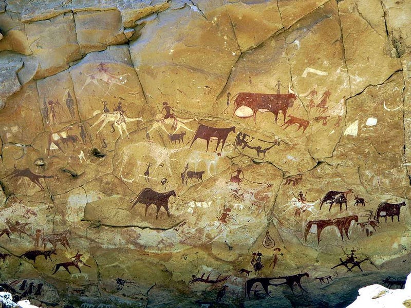 Cave painting showing cattle and camels, hinting at climate changes