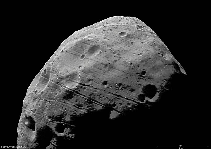 Phobos, a moon of Mars, displaying its distinct features