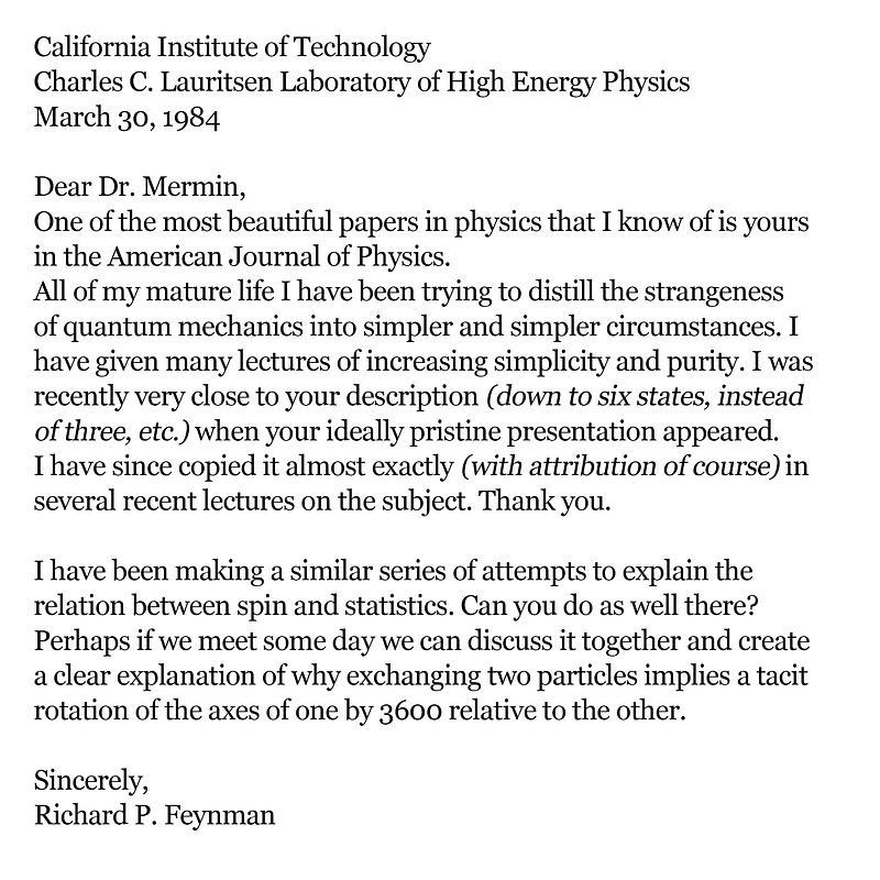 A letter from Richard Feynman to David Mermin.