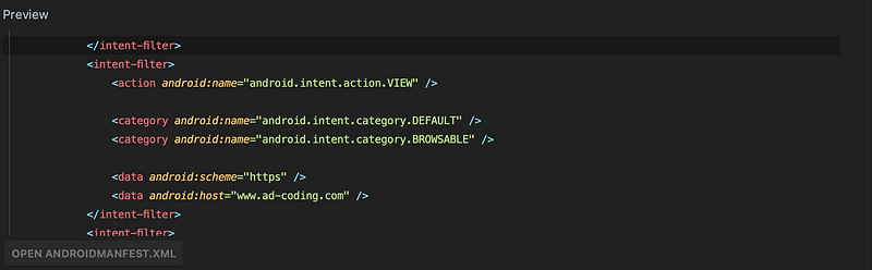 AndroidManifest.xml entries for deep linking