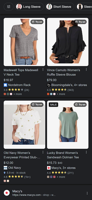 Example of women's tops available for virtual try-on