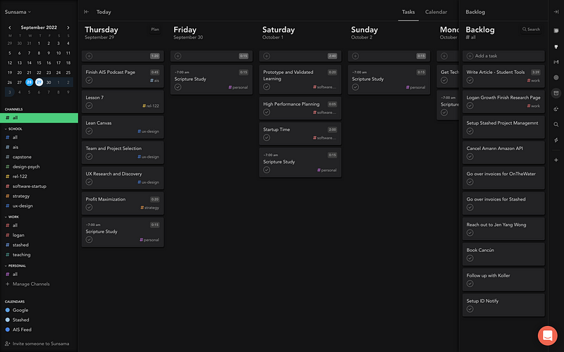 Visual representation of task management in Sunsama