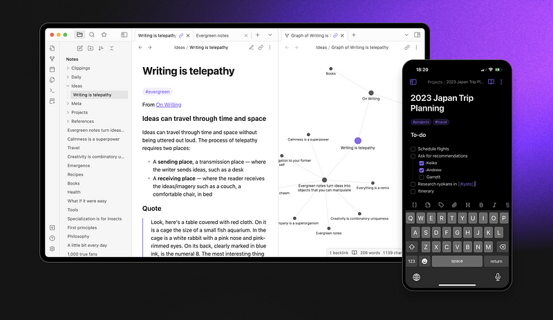 Obsidian interface showcasing note-taking features