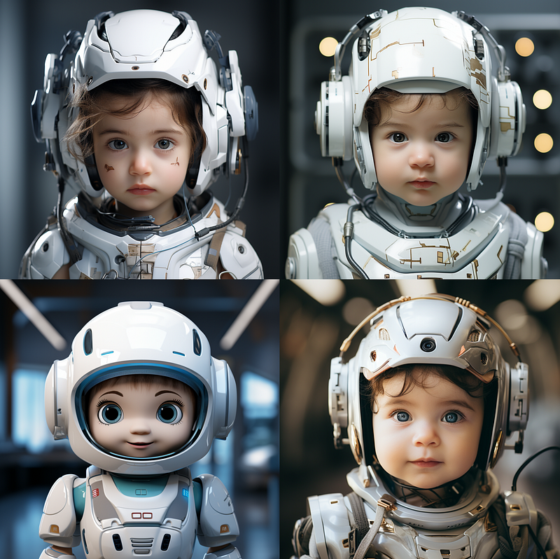 Robot designs resembling children in space suits